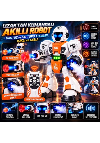 Uzaktan Kumandalı Akıllı Robot Vantuz Ve Su Topu Atabilen Sesli Işıklı Robot Oyuncak - Turuncu