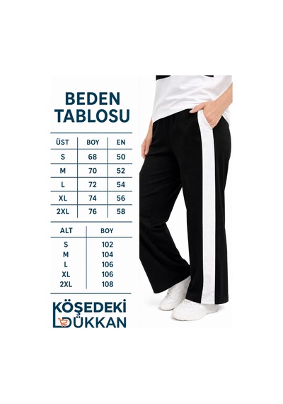 Köşedeki Dükkan Kadın Şerit Detaylı Kısa Kollu Premium Modal Alt Üst Eşofman Takımı - Siyah