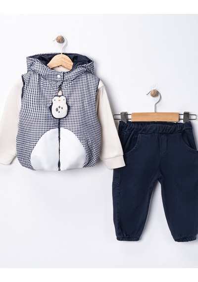 Harika Kids Erkek Bebek 3 Lü Takım 9-24 Ay Şişme Yelek %100 Pamuk Sweatshirt Kadife Pantolon Lacivert