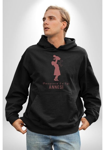 Anneler Günü Dünyanın En İyi Annesi Kadın Erkek Siyah Kapüşonlu Sweatshirt Hoodie Siyah