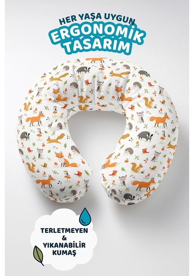Sevimli Orman Hayvanları Desenli Pamuklu Boyun Yastığı - Turuncu Beyaz Yumuşak Seyahat Yastığı Tozlu Taş Şarap