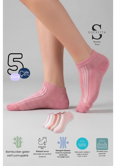Socketta 5'li Karışık Renkli Kadın Bambu Kendinden Desenli Dikişsiz Esnek Yazlık Patik Çorap - Premium Somon-açık Gül Kurusu-pudra-bebe Pembe-beyaz Socketta 5'li Karışık Renkli Kadın Bambu Kendinden Desenli Dikişsiz Esnek Yazlık Patik Çorap - Premium Somon-açık Gül Kurusu-pudra-bebe Pembe-beyaz