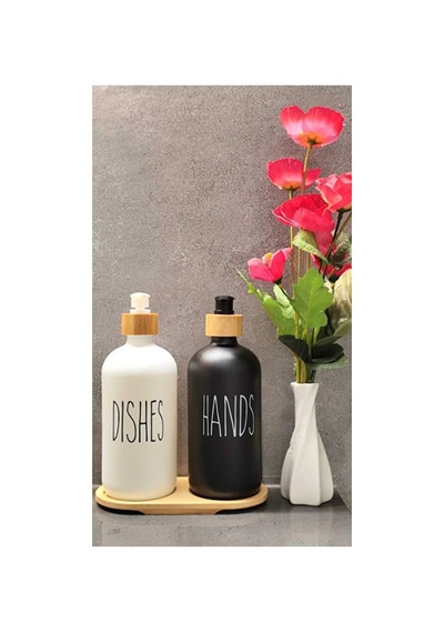 Buççin Online Mağaza 2'li Mutfak Banyo Sıvı Sabunluk Seti 500 Ml + 500 Ml Bambu Tepsili Black White Cam Çok Renkli