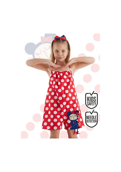 Denokids Kırmızı Puantiye Kız Çocuk Dokuma Tulum
