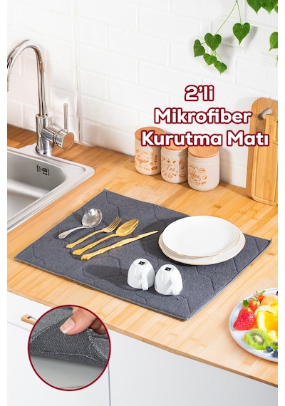Porsima 3139-3 2li Mikrofiber Tezgah Üstü Kurutma Matı Kurulama Bezi Süper Emici Bulaşıklık Antrasit Antrasit