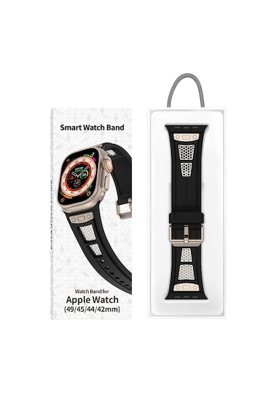 Apple Uyumlu  Watch  4/5/6/se 44mm Hava Alabilen Delikli Metal Süslemeli Desenli Silikon Kordon