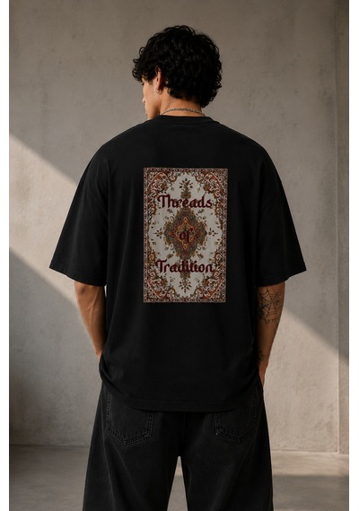 Brz Collectıon Brz Collection Unisex Oversize Threads Of Tradition Vintage Halı Motifli T-shirt Siyah