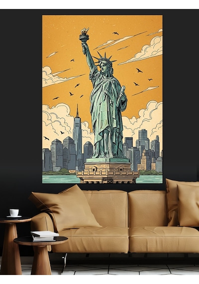 Tablo Mega Özgürlük Heykeli New York Manzarası Dekoratif Kanvas - Mdf Ahşap Tablo