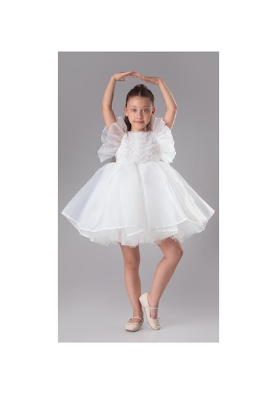 Mnk Baby & Kids Maronia Kız Çocuk Prenses Model Abiye Elbise - Pembe M00746 Beyaz