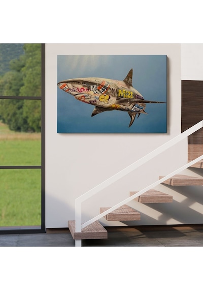 Es10 Özel Tasarım Graffiti Köpek Balığı Kanvas, Pop Art Tablo-5416 (125 x 210)