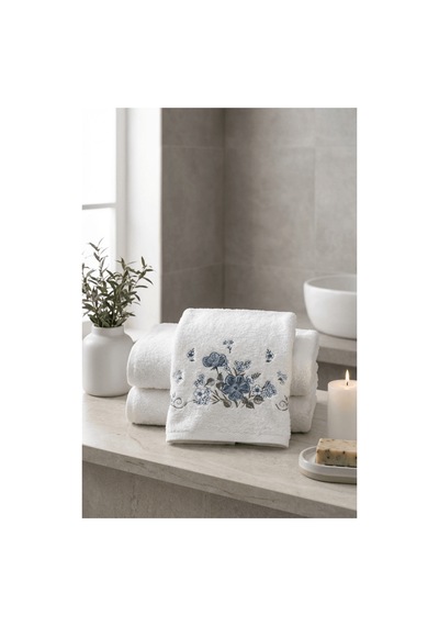 Bambu Pamuk Çiçek Nakışlı 50 X 90 Cm Nakışlı El Havlusu Beyaz