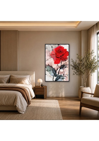 Çatlak Dokulu Fonda Kırmızı Gül Siyah Çerçeveli Cam Tablo