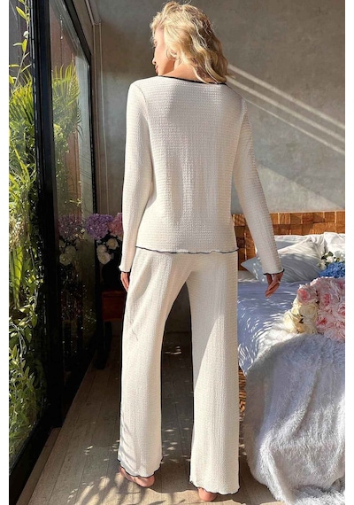 Merry See Özel Örme Kumaş Düğmeli Uzun Kollu Pijama Takımı Beyaz