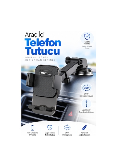Acl T-106 Vantuzlu Araç İçi Telefon Tutucu 360 Döner, Uzatılabilir Kollu Telefon Ve Navigasyon Tu Siyah