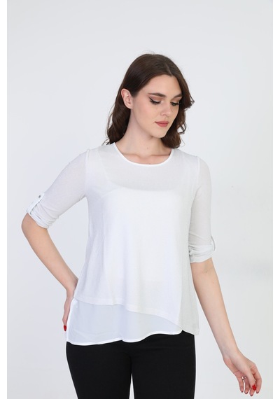 Ella Camelia Kadın Asimetrik Tül Detaylı Bluz 042 Ekru