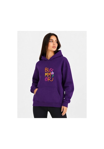 Herkesemoda Blommer Baskılı Kapüşonlu 2 İplik Şardonlu Sweatshirt Mor