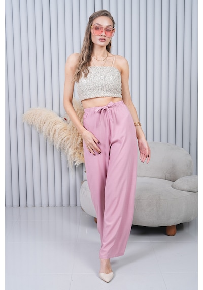Polologin Butik Beli Bağcıklı Yüksek Bel Bol Paça Pudra Pantolon Pembe