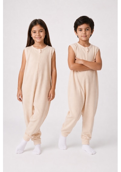 Babyhola 1 Tog Yazlık Çocuk Uyku Tulumu 1-8 Yaş Unisex Kısa Kollu %100 Pamuk Waffle 2702 Bej
