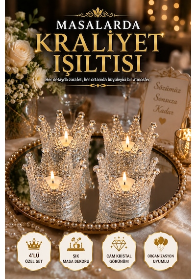 4'lü Set Kristal Taç Mumluk Şeffaf Diğer