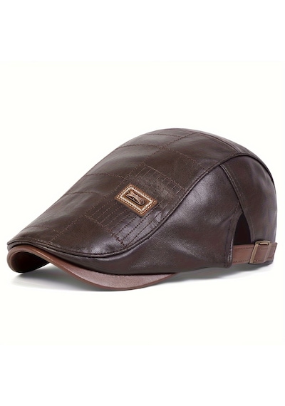 Erkek Suni Deri Gözlük Şapkası Kare Dikiş Detaylı Ayarlanabilir Flat Cap 3 Renk Koyu Kahverengi