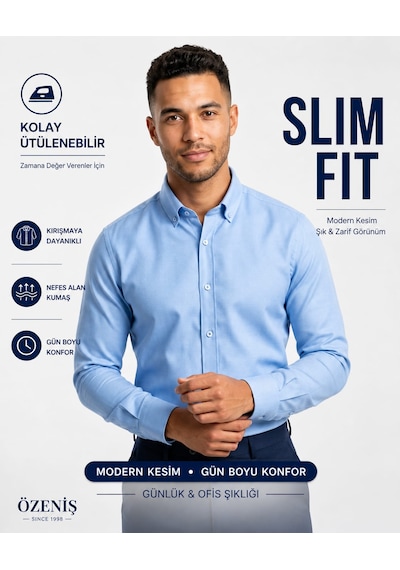Özeniş Erkek Cepsiz Pamuklu Uzun Kollu Oxford Slim Fit Gömlek Mavi