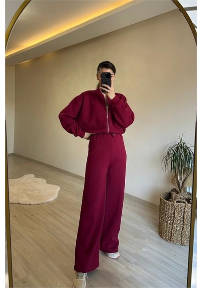 Neşeli Butik Kadın Fermuarlı Oversize Sweat Ve Yüksek Bel Eşofman Takımı Nm018 Bordo