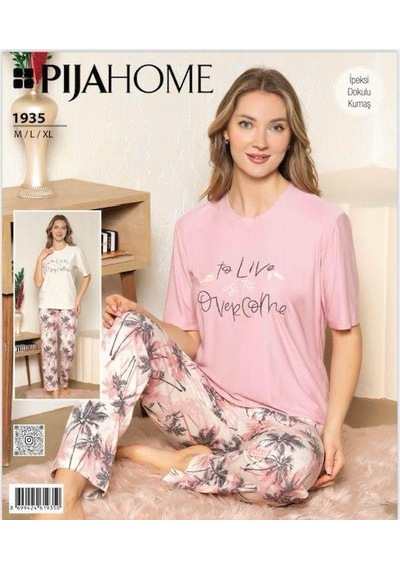 Pijahome Kadın Viskon İpeksi Dokulu Kısa Kollu Pijama Takımı Pembe