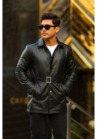 Erkek Slim Fit 80 Cm Uzun Deri Ceket - Full Tay Tüyü Astarlı Siyah Deri Kürklü
