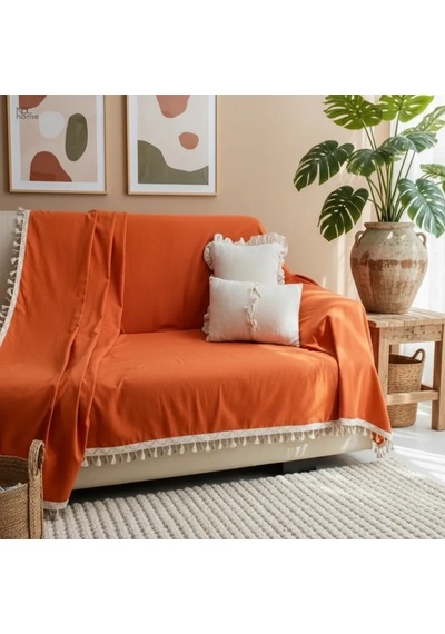Premium Keten Tarçın Kahverengi Ponponlu Koltuk Örtüsü 170 X 220