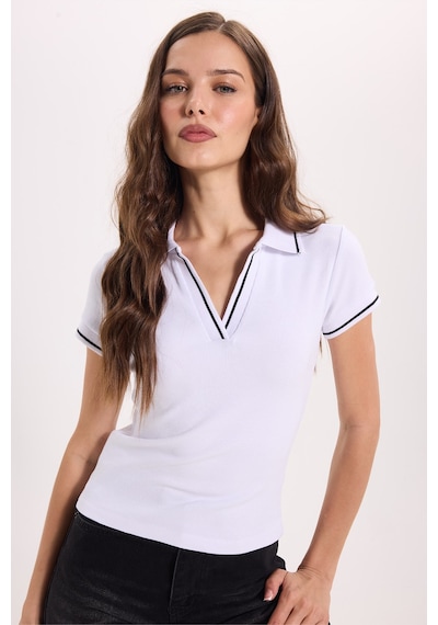 Tudors Kadın Slim Fit Dar Kesim Pamuklu Polo Yaka Kısa Kollu Beyaz Tişört-50461