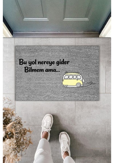 Rugmood Modern Dijital Baskı - Bu Yol Nereye Gider Bilmem Ama - Kapı Önü Paspası Gri