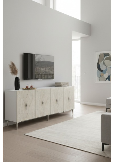 Ka1812bts Salkım Konsol ,tv Sehpası Beyaz-traverten-silver 180cm