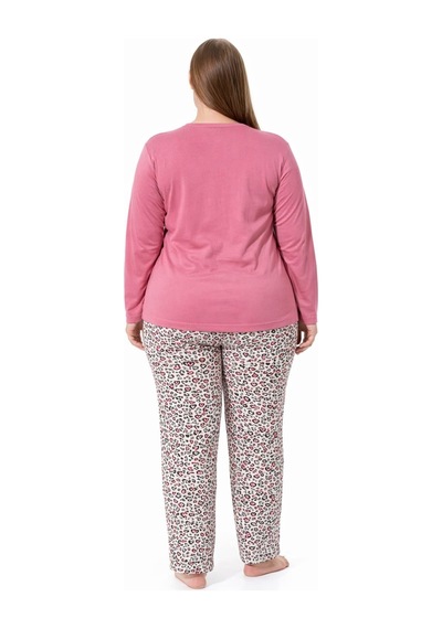 Pemilo Kadın 7257 Büyük Beden Uzun Kol Likralı Milan Pijama Takımı GÜL KURUSU