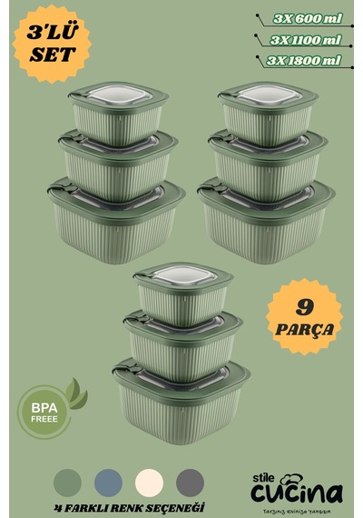 9'lu Mikrodalga Ve Difriz Kullanımına Uygun Vakumlu Vıp Saklama Kabı Çeyiz Seti 3x 600-1100-1800 Ml Yeşil