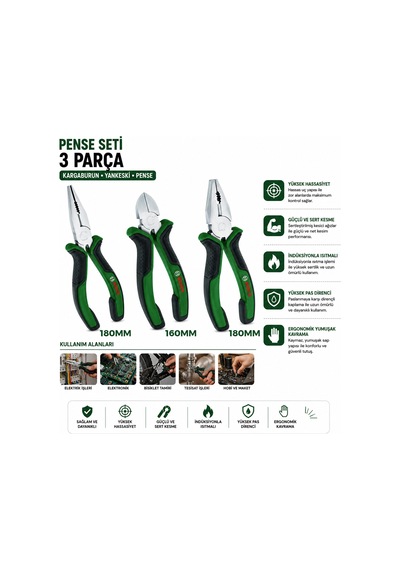 3 Parça Pense Seti - 7 İnç Pense, 6 İnç Yan Keski, 7 İnç Kargaburnu 60 Kesme Sertliği Diğer