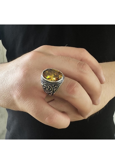 925 Ayar Gümüş Kalem İşlemeli Sarı Sitrin Taşlı Oval Erkek Yüzük Gümüş