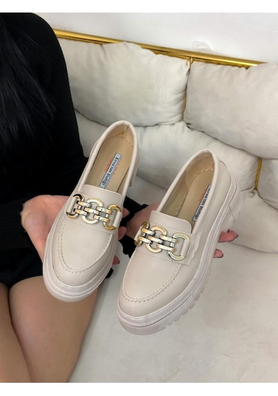 Erva'nın Butiği Bej Cilt Char Zincir Detay Kadın Loafer-4472
