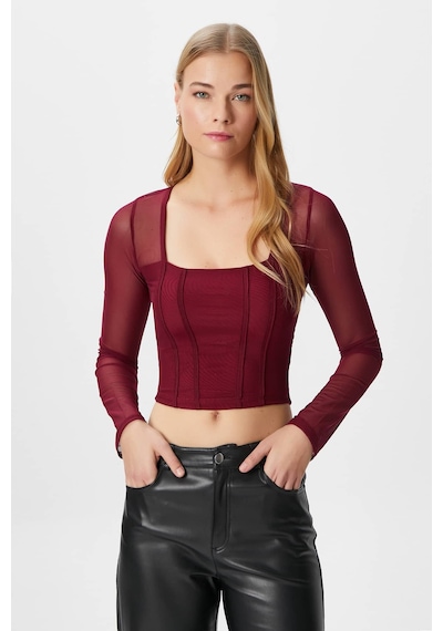 Ritnice Kadın Alina Korse Görünümlü Bordo Tül Crop Bluz Bordo