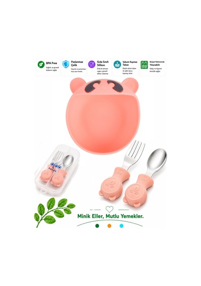 Pembe Premium Çocuk Vakumlu Silikon Beslenme Mama Kase, Paslanmaz Çelik Çatal-kaşık /9+ Ay
