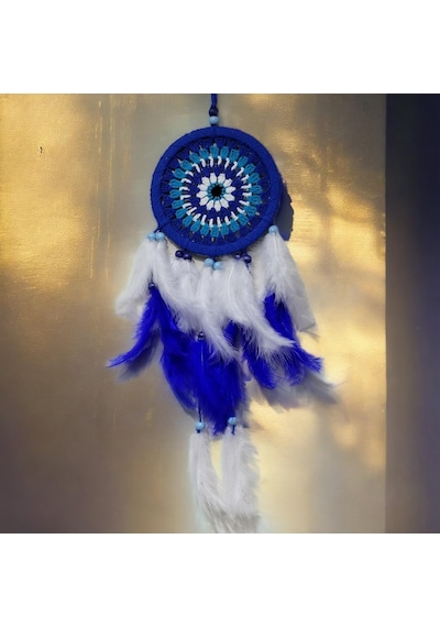 Nazar Boncuğu Desenli Bol Kuş Tüylü Lacivert Dream Catcher El Yapımı Duvar Dekoru