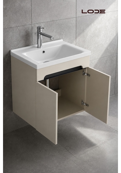 Lode Bath Irma Lavabolu Alt Banyo Dolabı, Kapaklı Banyo Alt Dolabı,seramik Lavabo Dahil 60 Cm Kumtaşı