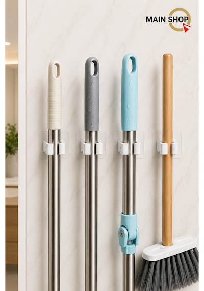 Mainshop 4 Lü Ekonomik Paket Mop Süpürge Tutucu - Yapışkanlı Delmesiz Paspas Askısı M-310 Beyaz