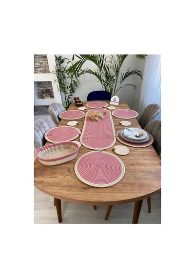 Jüt Hasır Amerikan Servis Supla Runner Sepet Ve Bardaklık 14 Lü Pembe Krem Pembe Krem