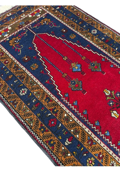 El Dokuma Sıfır Yahyalı Seccade 86x140 Lacivert Kırmızı Kök Boya %100 Yün Namazlık