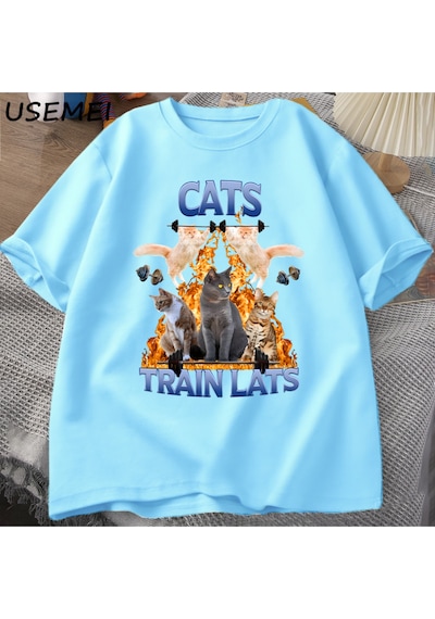 Flood Of Style Kedi Tren Lats Graphci T Shirt Komik Spor Adam Giysileri Tshirt Boy Rahat Pamuk Kısa Kollu Ti Mavi