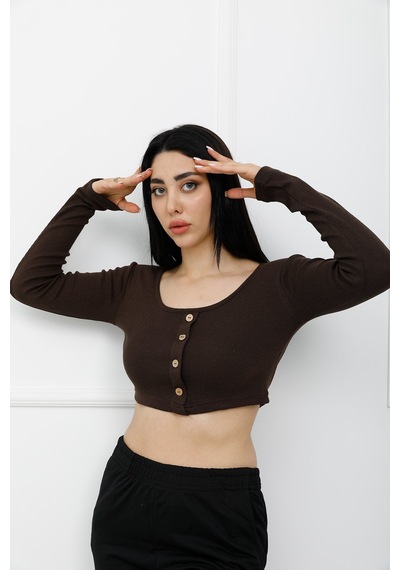 Modi Düğmeli Mini Crop Bady Kahve - P-020494 Altın - Siyah