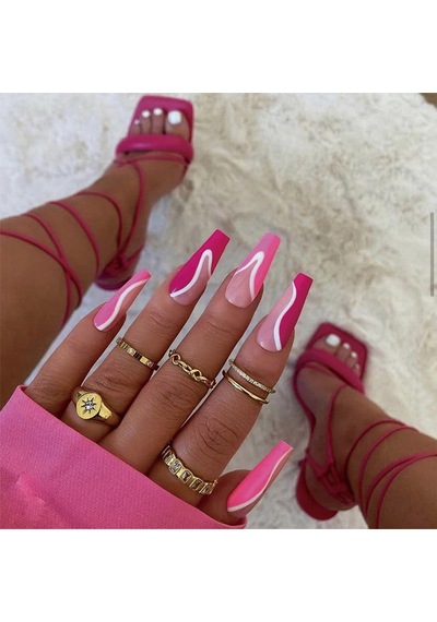 Düz Kesim Uzun Desenli Takma Tırnak Seti 24 Adet - Pembe