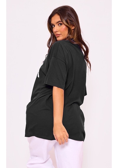 T-shirt - Siyah Baskılı Oversize Bisiklet Yaka Kısa Kol Tişört Siyah