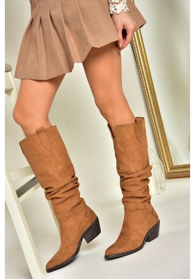 Fox Shoes T404401002 Taba Süet Büzgülü Kadın Çizme Taba-Süet