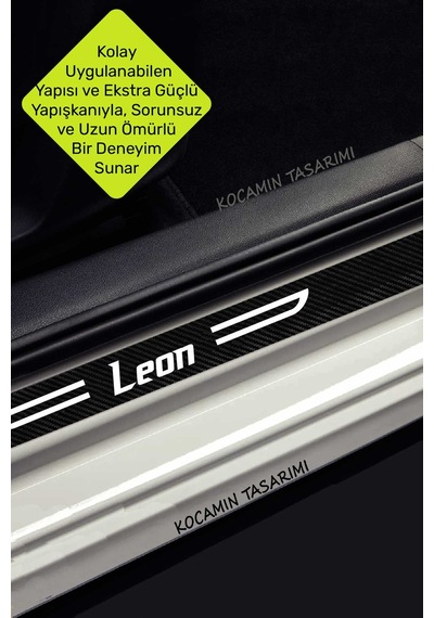 Cupra Leon Siyah Karbon Kapı Koruma Yazılı Dekoratif Kapı Eşiği Beyaz Leon Yazılı 4 Parça Cupra Leon Özel